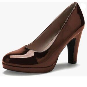 miss left Women's Low Platform High Chunky Heels Slip On Round Toe Pump Brown